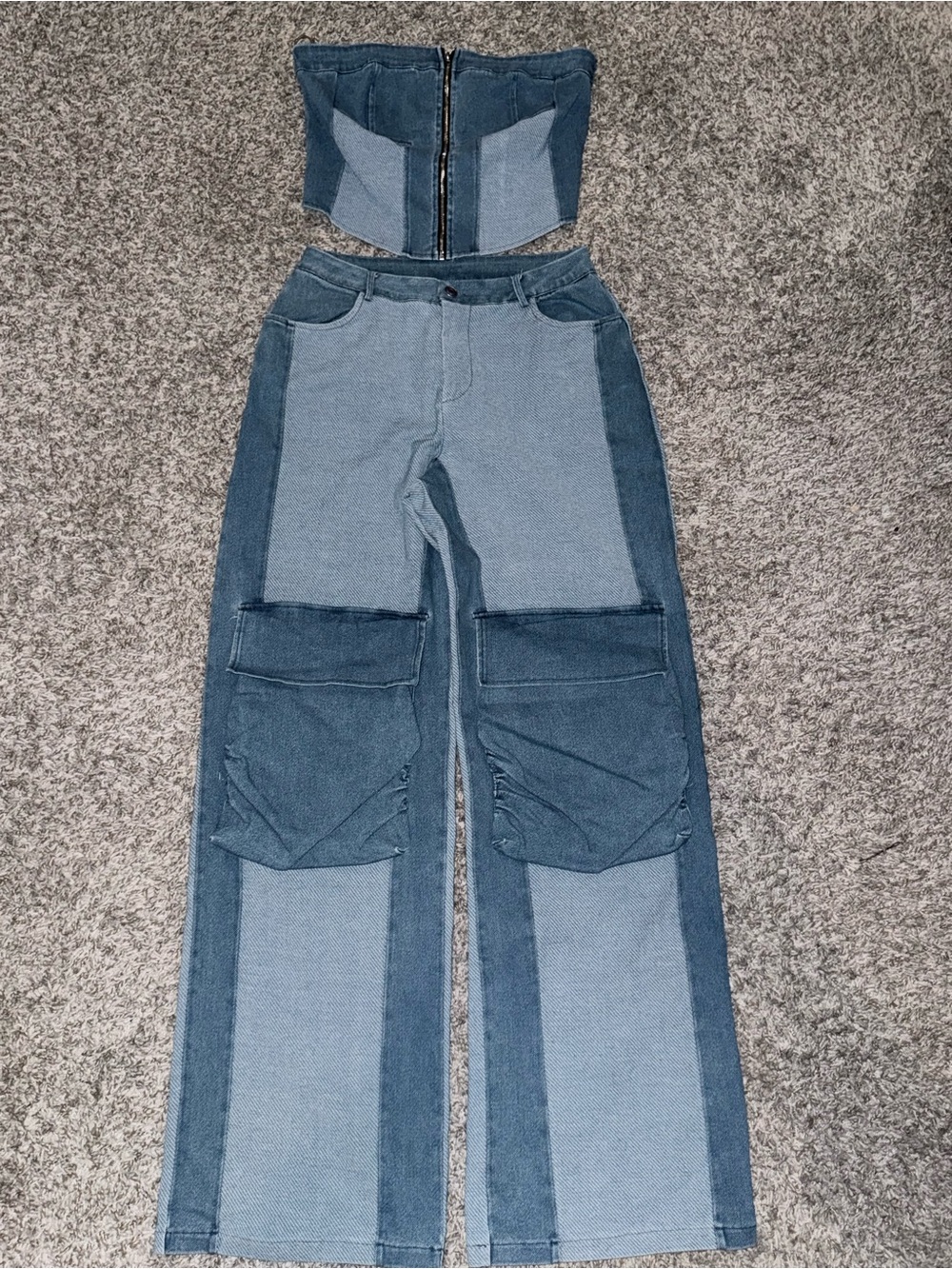 Cherry Mellow Patchwork Denim Corset Top & Cargo Jeans Set Size M